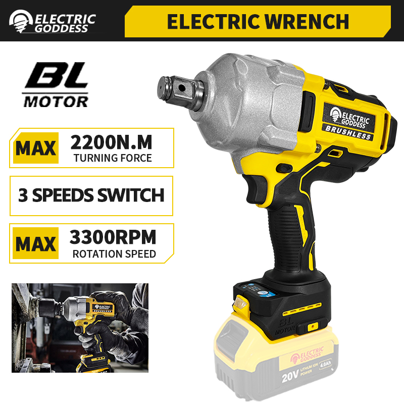 Power Tools Ingco - コードレス電気インパクトレンチ、デウォルト用自動車修理ツール、20vバッテリー、2200n.m、ブラシレス、3 